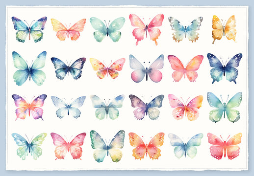 Vector watercolor painted style - butterflies clipart isolated on white background.
