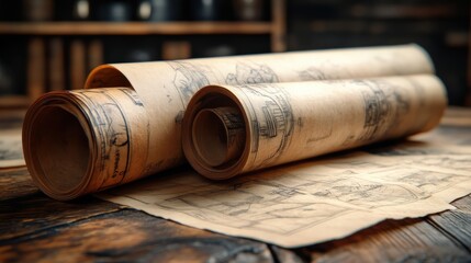 Detailed old architectural blueprints on wooden table
