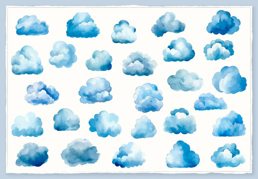 Vector watercolor painted style - blue clouds clipart isolated on white background.