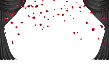 Flying red rose petals, luxury Grand Opening with Attractive Black Stage Curtain