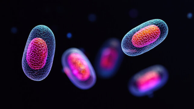 Digital illustration of colorful bacteria with glowing effect, showcasing their unique shapes and structures in dark background