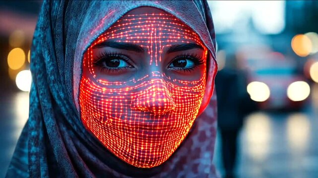 Glowing veiled woman amidst urban ambiance