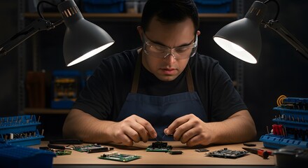 man with down syndrome fixing electronics