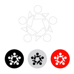 five square icon using five pointed rectangles there are five circles, good for teamwork, line icon, black and white, using round buttons with black, dark white and red colors