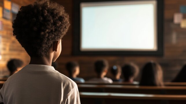 teacher using a projector to present visual learning media to the class, modern classroom,