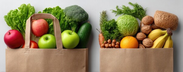 Fruit and vegetable paper bag with healthy food on a white background