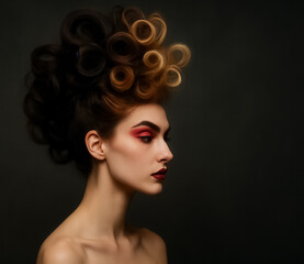 Fototapeta premium Model posing with artistic hairstyle and red makeup on dark background