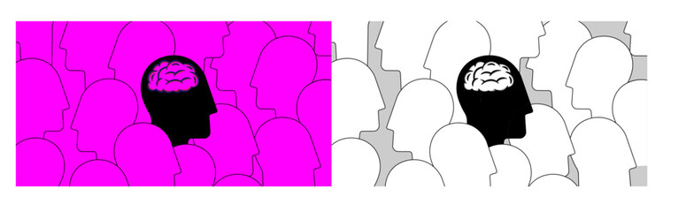 Crowd of people, only one with visible brain. Reflection on oneself and the surroundings. vector illustration