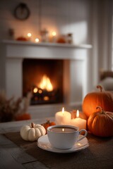 Cozy Autumn Atmosphere With Warm Drinks, Candles, and Rustic Decor