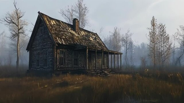 Deserted shack in a foggy marsh