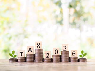 Wooden blocks with the word TAX, Number 2026 and plants growing up stack of coins. The concept of...