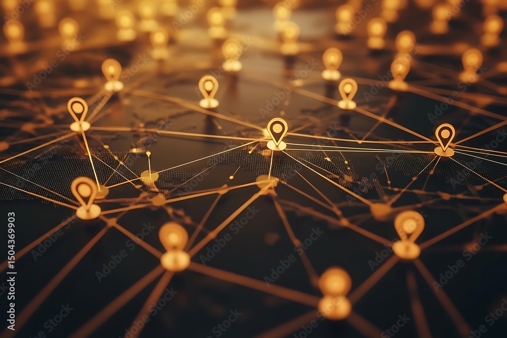 Wall mural golden location pins network: connected points on abstract map.