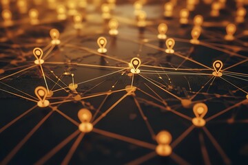 Golden Location Pins Network: Connected Points on Abstract Map.