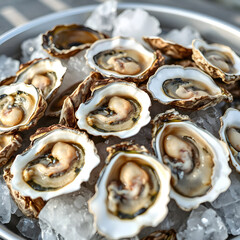 Fresh oysters on ice, emphasis on shell shape and transparency.