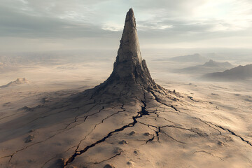 A lone desert spire rising from a vast, windswept plateau, its rugged surface covered in cracks