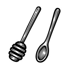 Hand drawn honey dipper. Sketch vector wooden mead wand. Engraving illustration for beekeeping and apiculture design