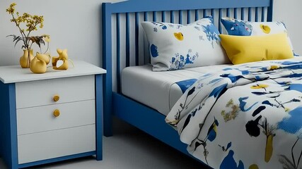 Serene blue bedroom setting with floral duvet cover and white bedside table elegance