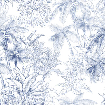 Seamless pattern with hand-drawn palm trees and tropical foliage in pencil sketch style. Monochrome botanical design perfect for fabric, wallpaper, and packaging.