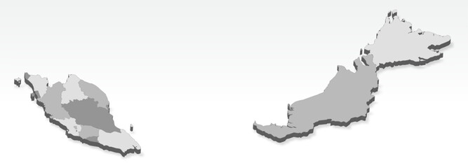 3D  Malaysia map with all Regions in gray. Three dimensional map of Malaysia with shadow  on white background for your design, app, UI.  EPS10.