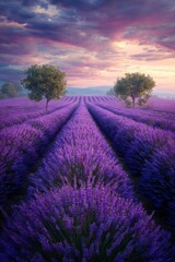 Obraz premium Lavender Field Under a Vibrant Sunset Sky in a Serene Countryside Setting