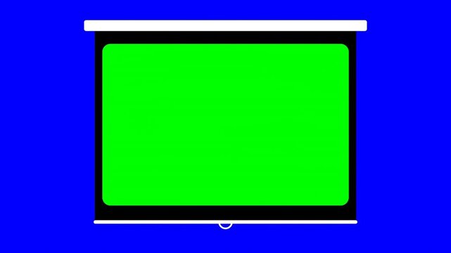 Animation Scrolling projection screen for opening and closing a with green screen on white and blue background