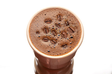 Close-up of a frothy coffee surface with vibrant, iridescent bubbles in a ceramic cup, showcasing a rich brown texture and mesmerizing light reflections.