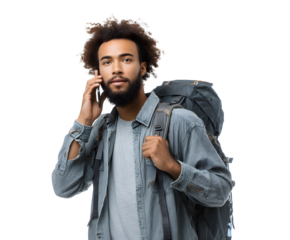 Young black man wearing a backpack talking on his cell phone, looking at the camera.