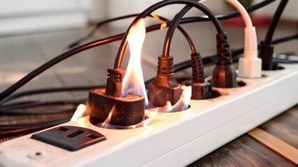 Burning electric plug in a socket because of overcurrent and too much plug, home safety awarness concept