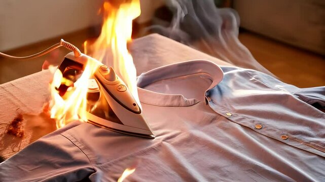 accidently burning clothes because forget to unplug the iron, home safety awareness concept