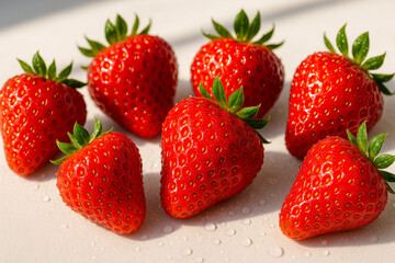 High-resolution photo of fresh ripe strawberries with natural light casting soft shadows on a clean white surface. Each strawberry is rich in color and detail, evoking a sense of freshness, health