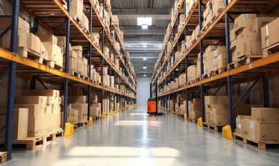 Inside a Warehouse Full of Boxes and Goods on Shelves Storage Concept
