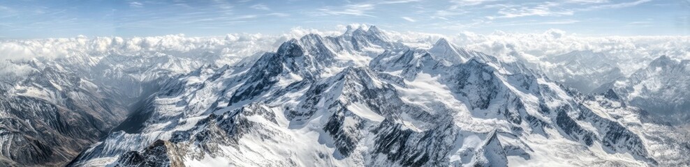 Obraz premium Panoramic View of Snow Covered Mountain Peaks and Jagged Ridges