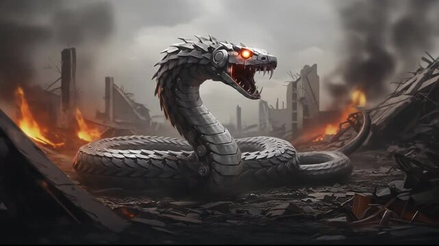 Metallic dragon serpent in ruins