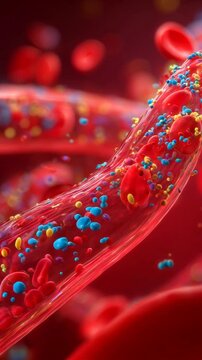 Human bloodstream with bloodcells and microplastic particules concept video. Microplastic pollution concept.