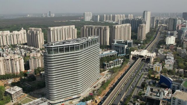Drone Shot of DLF Golf Course Road Gurgaon &ndash; Aerial View of Luxury High-Rises, Modern Infrastructure, Green Spaces, and Premium Real Estate in Gurugram, India