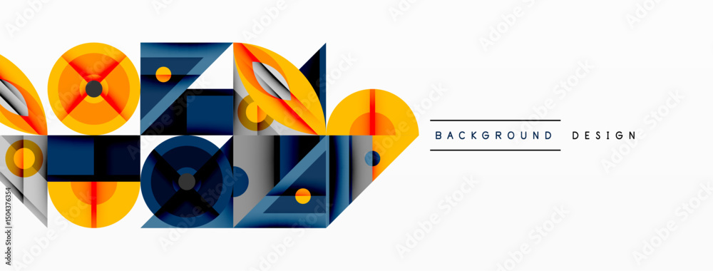 Poster Geometric shapes, vibrant colors, modern design. Overlapping squares, circles create dynamic composition. Minimalist aesthetic, clean lines.