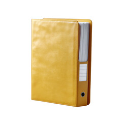 A vibrant yellow binder with documents inside, showcasing organization and professionalism, perfect for office or school use on a white isolated background.