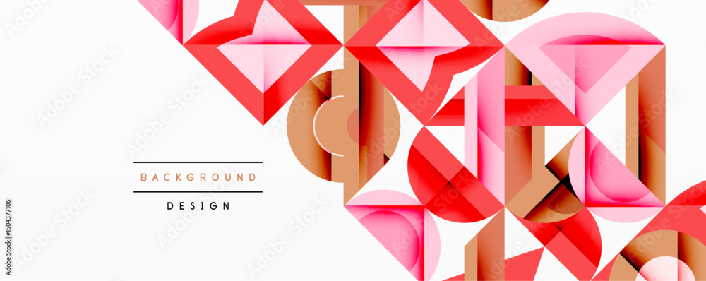 Poster abstract geometric shapes overlap, creating dynamic visual texture. pink, red, gold tones dominate w