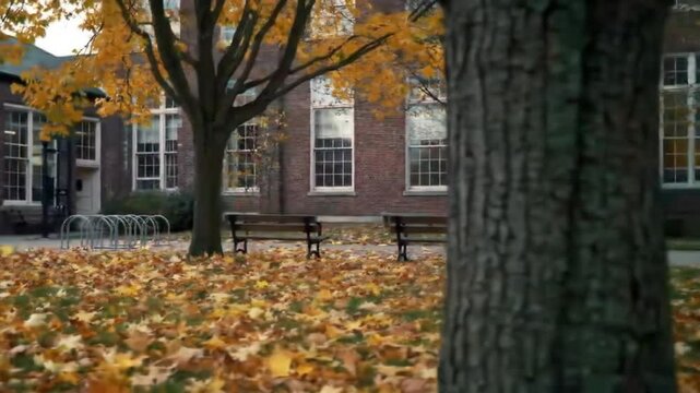 Autumn leaves falling in a brick building courtyard with trees and benches