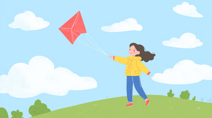 A girl flying her kite on the green hill, simple flat illustration with blue sky background, red kite, yellow jacket and jeans, clipart design for nursery art poster prin 