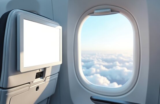Airplane interior view with entertainment screen on seatback, porthole window. Mockup blank display. Sky, clouds. Travel, transport, flight concept. Technology in-flight. Mockup screen design