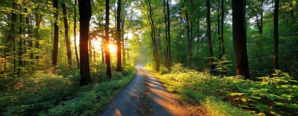 Obraz premium Sun setting through a forest road surrounded by green leaves trees
