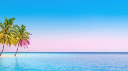 Serene beach scene featuring palm trees against vibrant sky, evoking sense of tranquility and relaxation