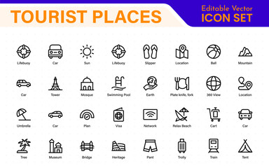 Tourist Destinations Icon Collection – Vector, Line Art, and Minimal Outline Illustrations for Famous Landmarks, Attractions, and Vacation Travel Designs