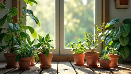 Various indoor plants in terracotta pots on wooden floor near window with sunlight, ideal for gardening blogs, home decor visuals, eco-friendly lifestyle content, or plant care tutorials