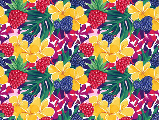 Lively tropical floral and fruit seamless pattern