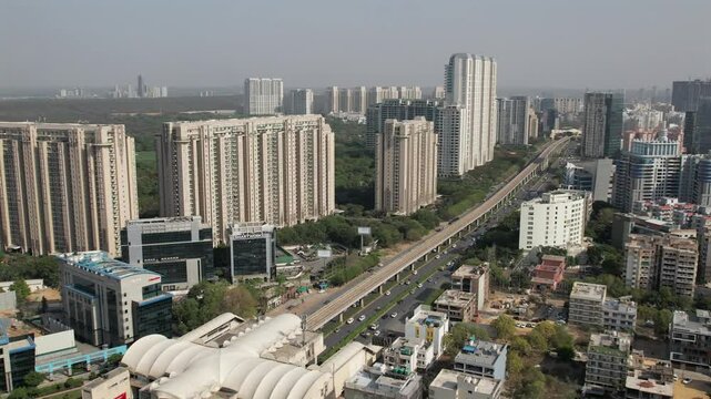 Drone Shot of DLF Golf Course Road Gurgaon &ndash; Aerial View of Luxury High-Rises, Modern Infrastructure, Green Spaces, and Premium Real Estate in Gurugram, India