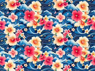 A vibrant, seamless pattern features tropical hibiscus flowers on a swirling blue background