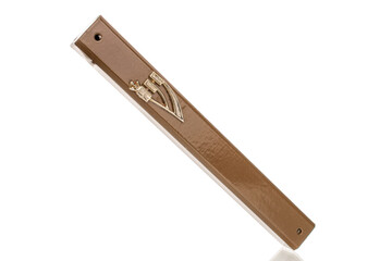 One mezuzah, close-up, isolated on white.