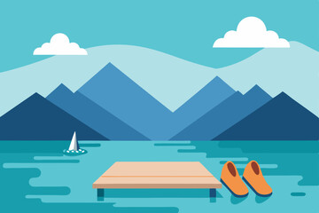 floating dock on a clear mountain lake with towels 